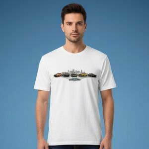 Newport Blue White American Muscle T-Shirt with City Skyline Graphic Size Large